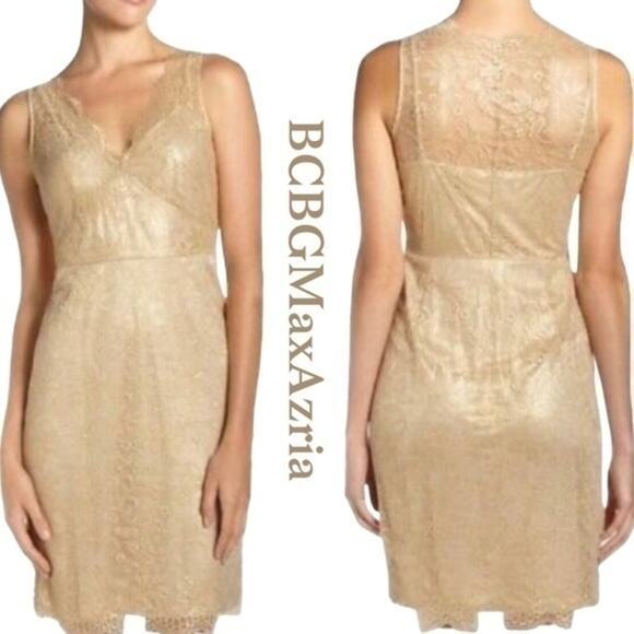 BCBGMaxAzria Sheer Gold Lace BodyCon Party Event Dress NWOT Size 4 - Picture 1 of 14